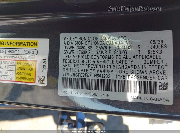 2HGFE2F5XTH601282 2026 HONDA CIVIC Gray Vista del compartimento del motor