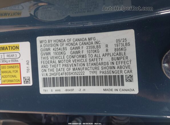2HGFE4F80SH352222 2025 HONDA CIVIC Blue Vista del compartimento del motor