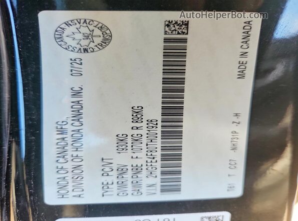 2HGFE4F80TH001926 2026 HONDA CIVIC Black VIN sticker view