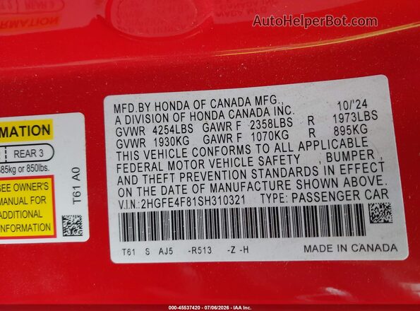 2HGFE4F81SH310321 2025 HONDA CIVIC Red Widok komory silnika
