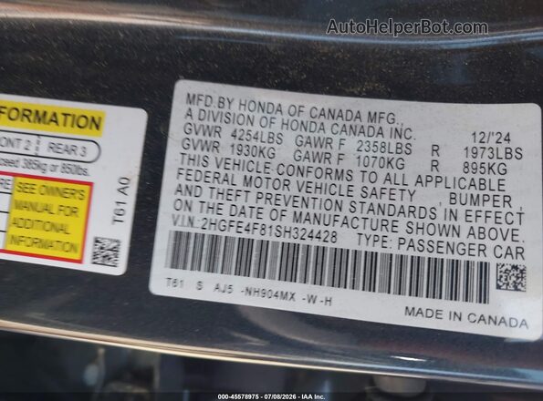 2HGFE4F81SH324428 2025 HONDA CIVIC Gray Շարժիչի բաժամունքի տեսք