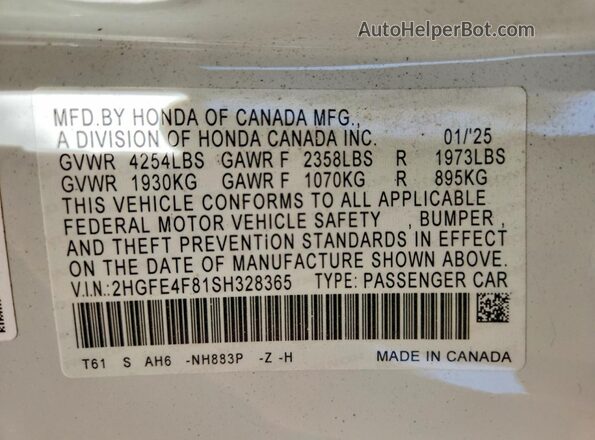 2HGFE4F81SH328365 2025 HONDA CIVIC White Widok komory silnika
