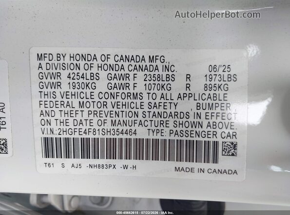 2HGFE4F81SH354464 2025 HONDA CIVIC Белый Вид подкапотного пространства