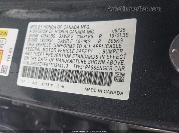 2HGFE4F81TH314113 2026 HONDA CIVIC Black ძრავის განყოფილების ხედი