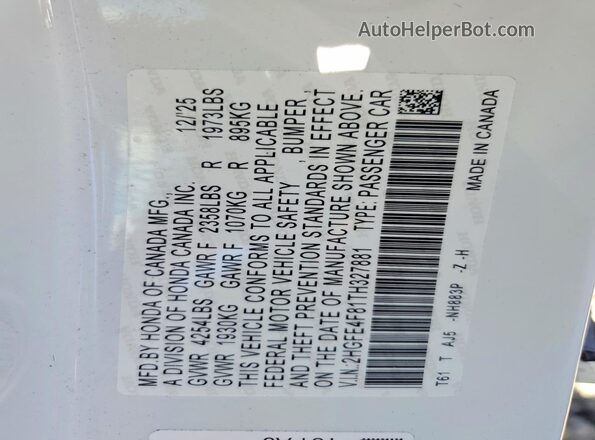 2HGFE4F81TH327881 2026 HONDA CIVIC White Вид наклейки з VIN-кодом