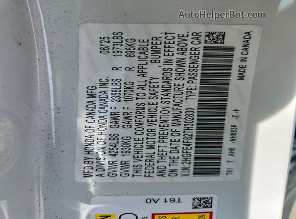 2HGFE4F82TH302830 2026 HONDA CIVIC White Widok naklejki z numerem VIN