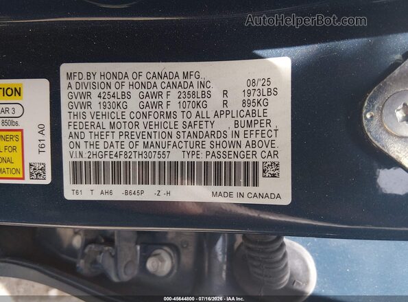 2HGFE4F82TH307557 2026 HONDA CIVIC Dark Blue Вид підкапотного простору