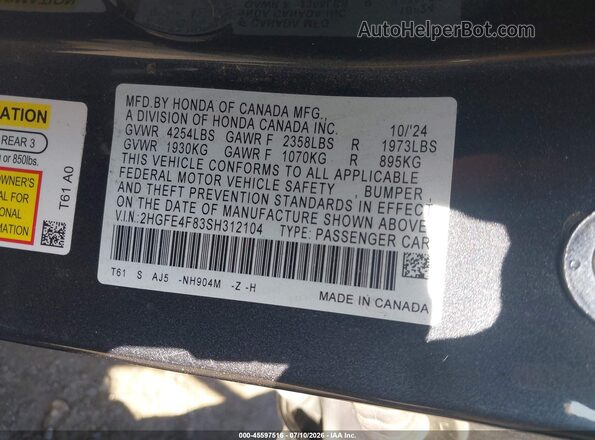 2HGFE4F83SH312104 2025 HONDA CIVIC Gray Vista del compartimento del motor