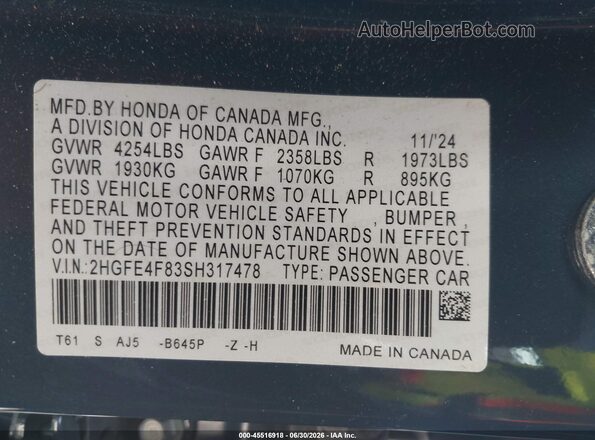 2HGFE4F83SH317478 2025 HONDA CIVIC Синий Вид подкапотного пространства
