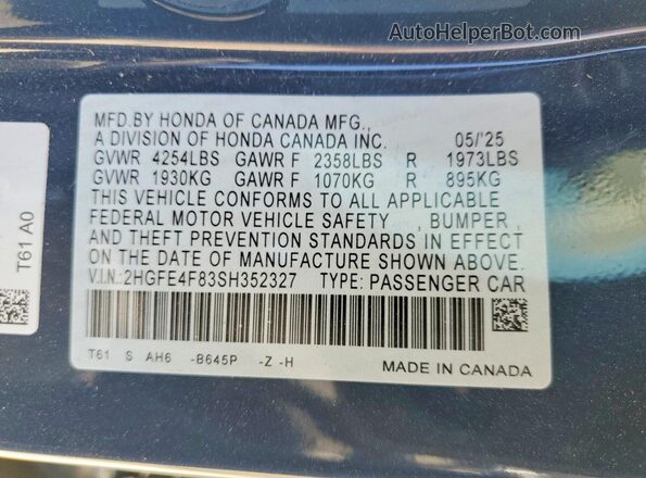 2HGFE4F83SH352327 2025 HONDA CIVIC Синий Вид наклейки с VIN-кодом