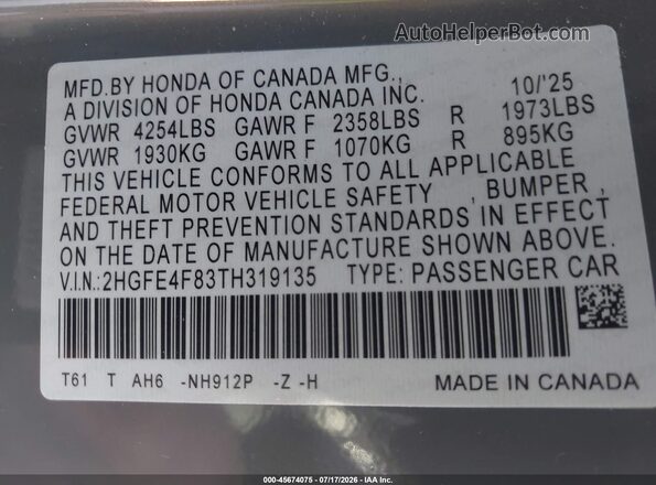 2HGFE4F83TH319135 2026 HONDA CIVIC Gray ძრავის განყოფილების ხედი