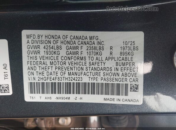 2HGFE4F83TH324223 2026 HONDA CIVIC Gray Շարժիչի բաժամունքի տեսք