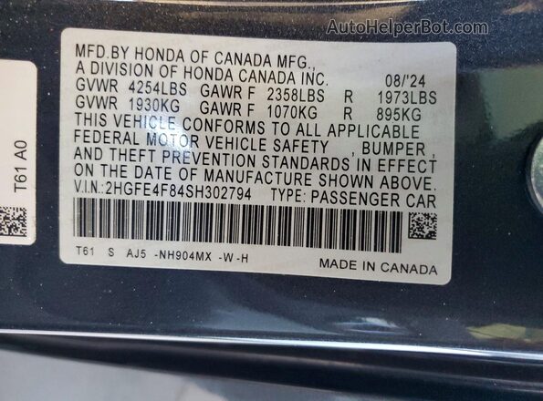 2HGFE4F84SH302794 2025 HONDA CIVIC Gray VIN կոդի պիտակի տեսք