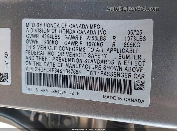 2HGFE4F84SH347668 2025 HONDA CIVIC Silver Engine compartment view