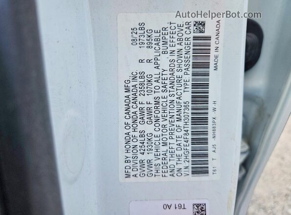2HGFE4F84TH307365 2026 HONDA CIVIC White VIN კოდის სტიკერის ხედი