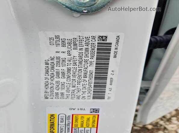 2HGFE4F85TH305401 2026 HONDA CIVIC White Widok naklejki z numerem VIN