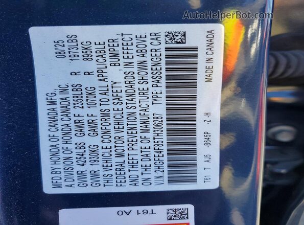 2HGFE4F85TH306287 2026 HONDA CIVIC Blue Շարժիչի բաժամունքի տեսք