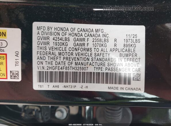 2HGFE4F85TH325907 2026 HONDA CIVIC Black Engine compartment view