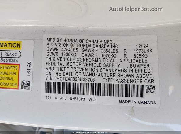 2HGFE4F86SH322061 2025 HONDA CIVIC Белый Вид подкапотного пространства