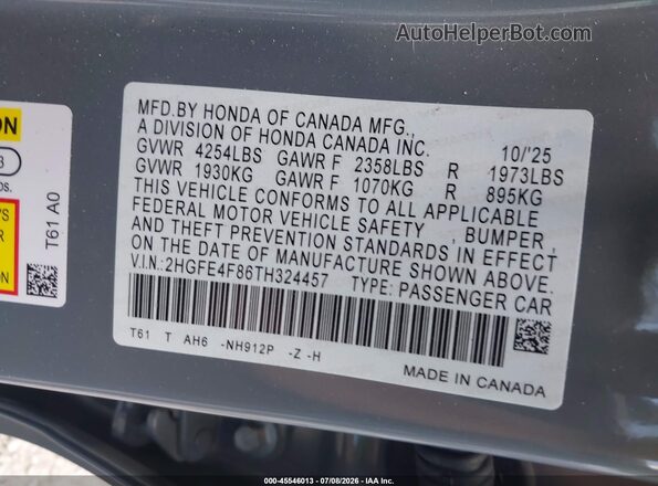 2HGFE4F86TH324457 2026 HONDA CIVIC Gray Vista del compartimento del motor