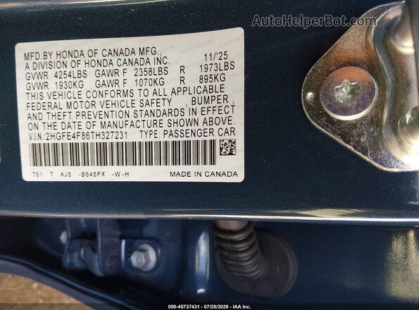 2HGFE4F86TH327231 2026 HONDA CIVIC Blue Engine compartment view