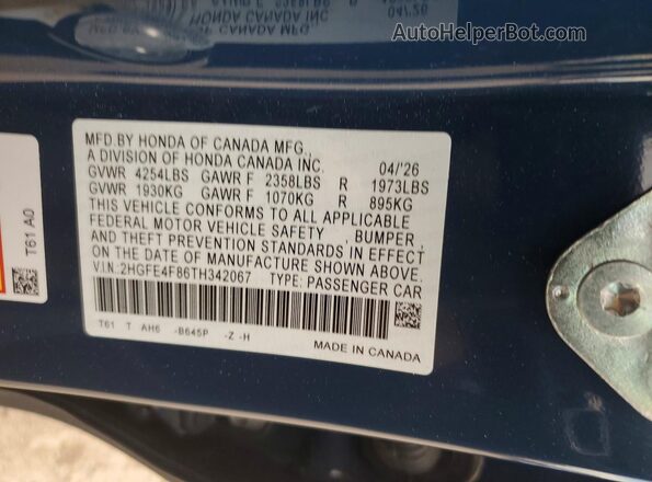 2HGFE4F86TH342067 2026 HONDA CIVIC Blue ძრავის განყოფილების ხედი
