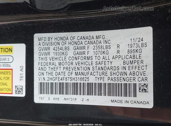 2HGFE4F87SH316625 2025 HONDA CIVIC Black Widok komory silnika