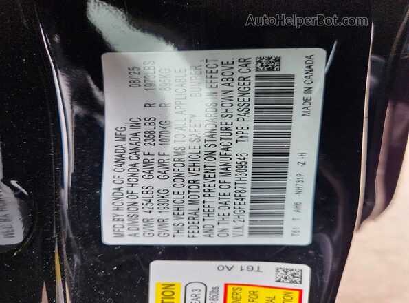 2HGFE4F87TH309546 2026 HONDA CIVIC Black ძრავის განყოფილების ხედი