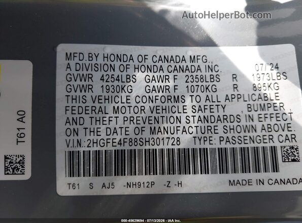 2HGFE4F88SH301728 2025 HONDA CIVIC Gray Շարժիչի բաժամունքի տեսք