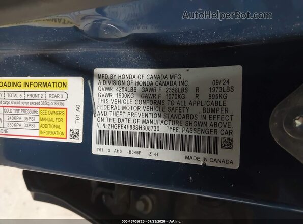 2HGFE4F88SH308730 2025 HONDA CIVIC Blue ძრავის განყოფილების ხედი