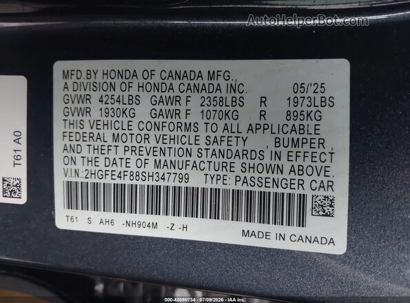 2HGFE4F88SH347799 2025 HONDA CIVIC Gray Vista del compartimento del motor