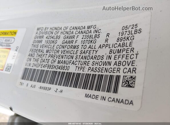 2HGFE4F88SH349830 2025 HONDA CIVIC White Շարժիչի բաժամունքի տեսք