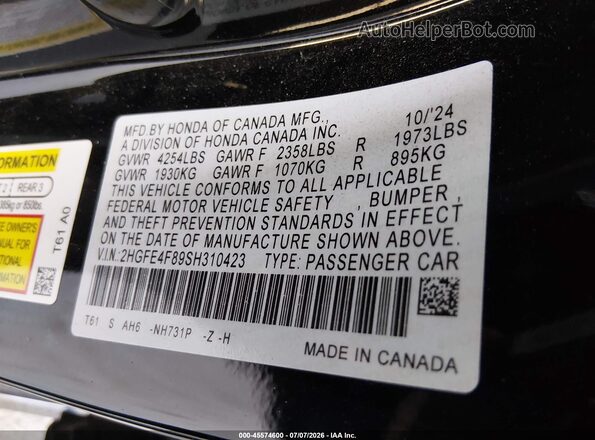 2HGFE4F89SH310423 2025 HONDA CIVIC Black Շարժիչի բաժամունքի տեսք