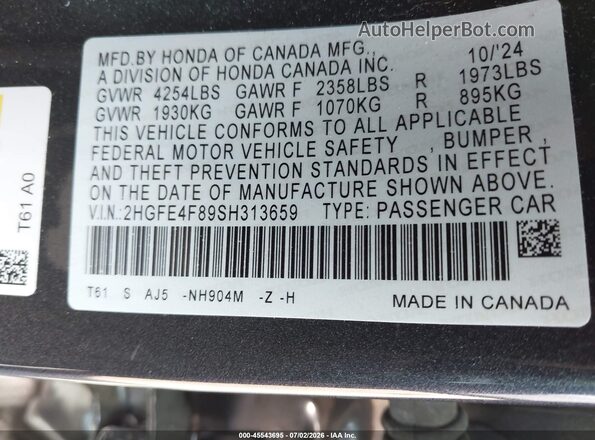 2HGFE4F89SH313659 2025 HONDA CIVIC Gray Вид підкапотного простору