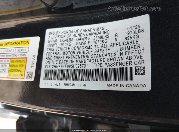 2HGFE4F89SH325701 2025 HONDA CIVIC Gray Widok komory silnika