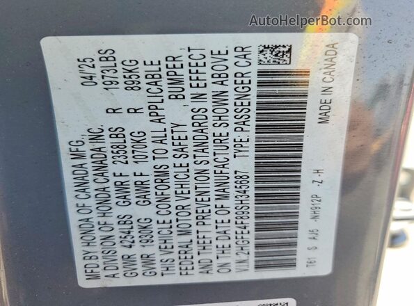2HGFE4F89SH345687 2025 HONDA CIVIC Gray Շարժիչի բաժամունքի տեսք