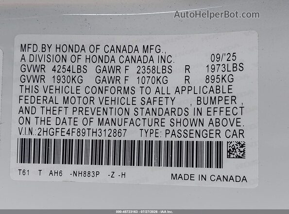 2HGFE4F89TH312867 2026 HONDA CIVIC White Vista del compartimento del motor