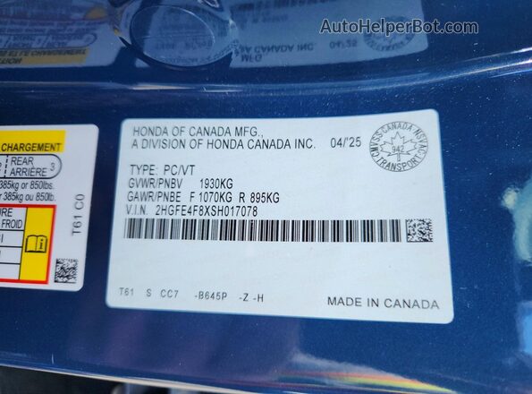 2HGFE4F8XSH017078 2025 HONDA CIVIC Blue Շարժիչի բաժամունքի տեսք