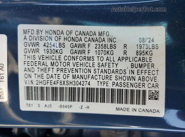 2HGFE4F8XSH304274 2025 HONDA CIVIC Blue Շարժիչի բաժամունքի տեսք