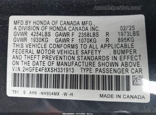 2HGFE4F8XSH331913 2025 HONDA CIVIC Gray Engine compartment view