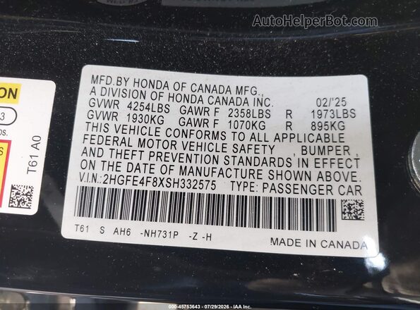2HGFE4F8XSH332575 2025 HONDA CIVIC Black Engine compartment view