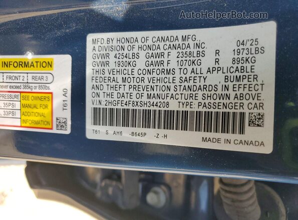 2HGFE4F8XSH344208 2025 HONDA CIVIC Синий Вид подкапотного пространства