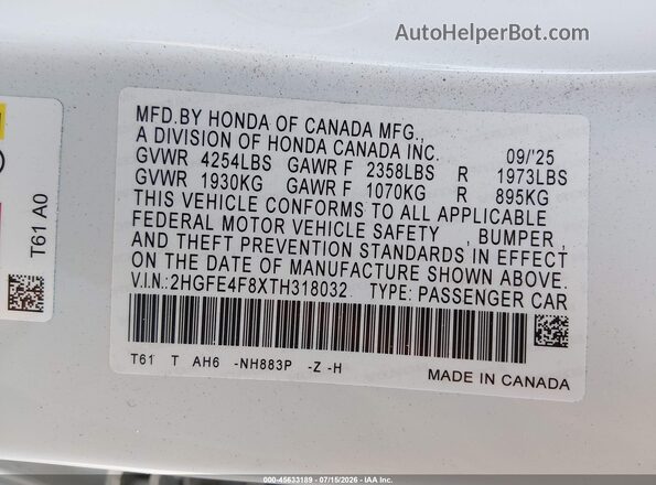 2HGFE4F8XTH318032 2026 HONDA CIVIC White Vista del compartimento del motor