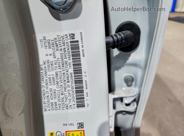 2HGFE4F8XTH324946 2026 HONDA CIVIC White Vista de la etiqueta del VIN
