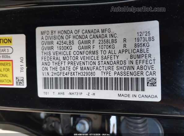 2HGFE4F8XTH329080 2026 HONDA CIVIC Black Vista del compartimento del motor