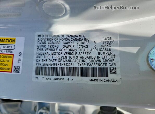 2HGFE4F8XTH343271 2026 HONDA CIVIC White Widok komory silnika
