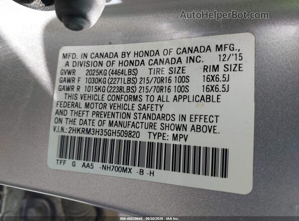 2HKRM3H35GH509820 2016 HONDA CR-V Gray Vista del compartimento del motor