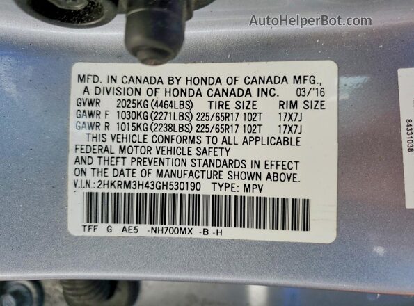 2HKRM3H43GH530190 2016 HONDA CR-V Silver VIN կոդի պիտակի տեսք