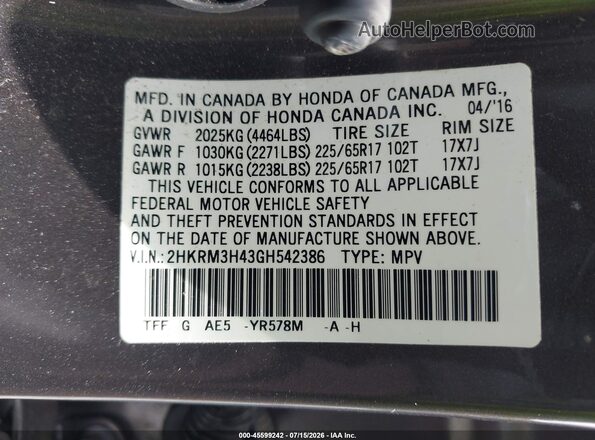 2HKRM3H43GH542386 2016 HONDA CR-V Black ძრავის განყოფილების ხედი