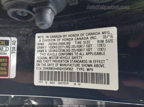 2HKRM3H46GH534962 2016 HONDA CR-V Black Widok komory silnika